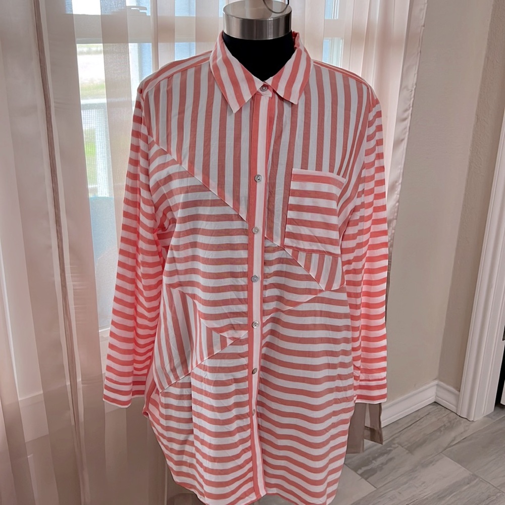Chicos Coral and White Button down Shirt